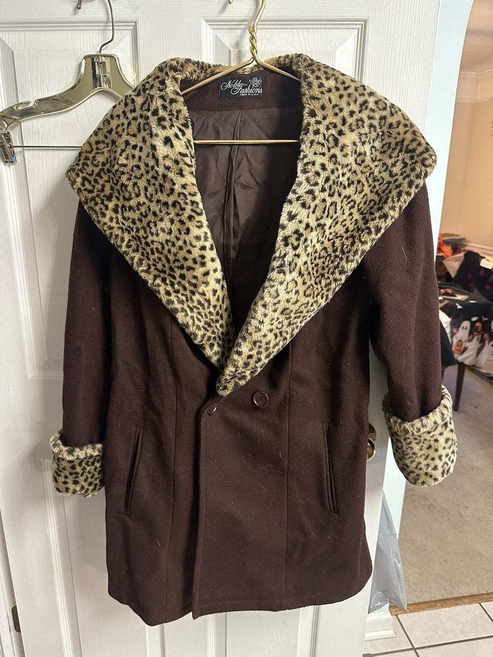 Noble Fashions Wool Nylon Long Overcoat 90s Cheetah Hood Small Med 42 Bust Y2k